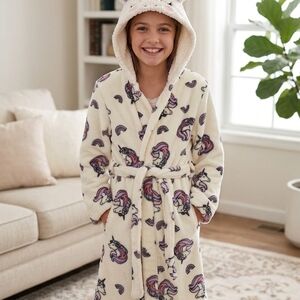 Cream Unicorn Hooded Kids Robe with Pink & Purple Accents